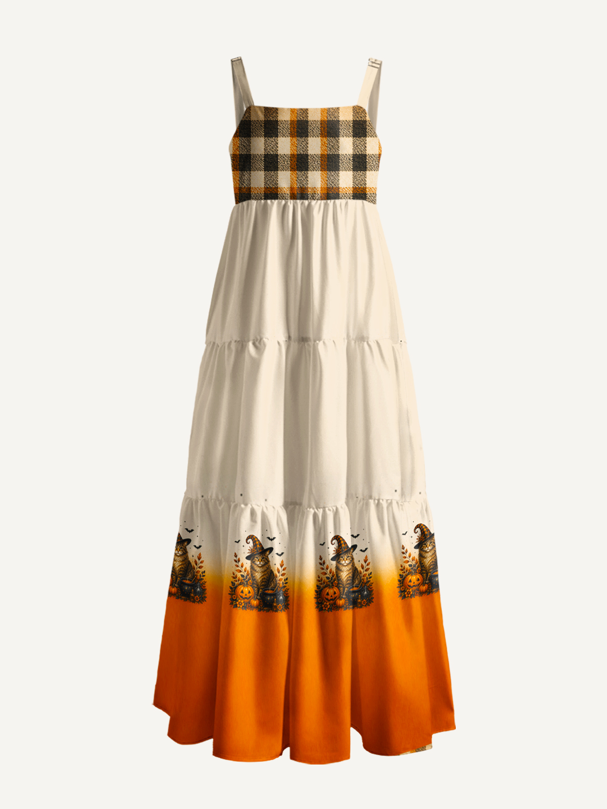 Cozy Plaid Halloween Witch Cat Print Wide Straps Maxi Dress With Pockets