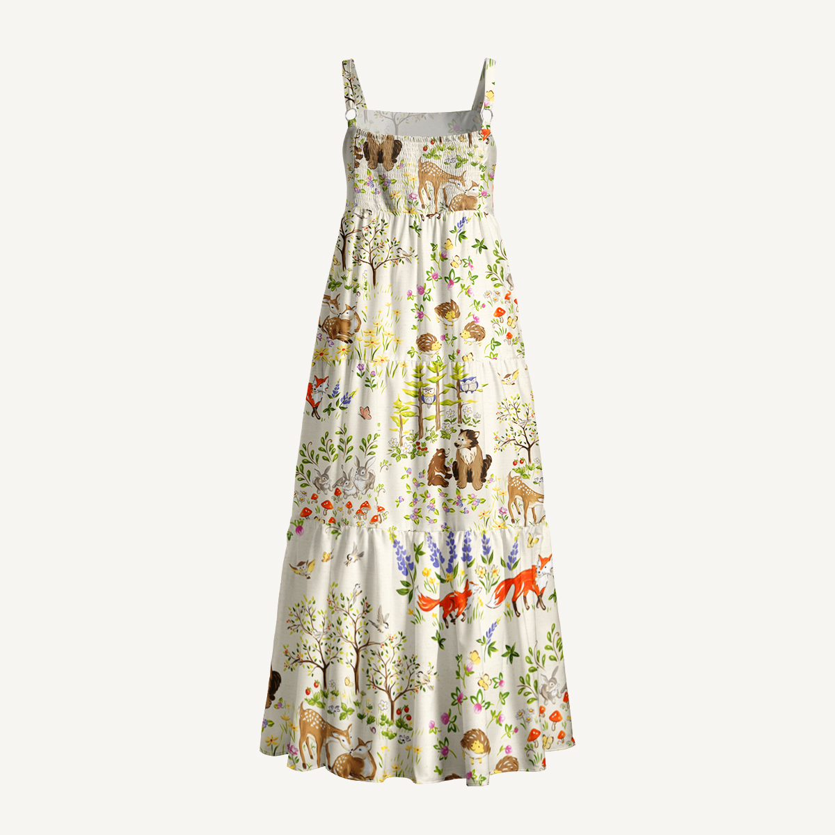 Whimsical Forest Animals Print Quilt Wide Straps Maxi Dress With Pockets