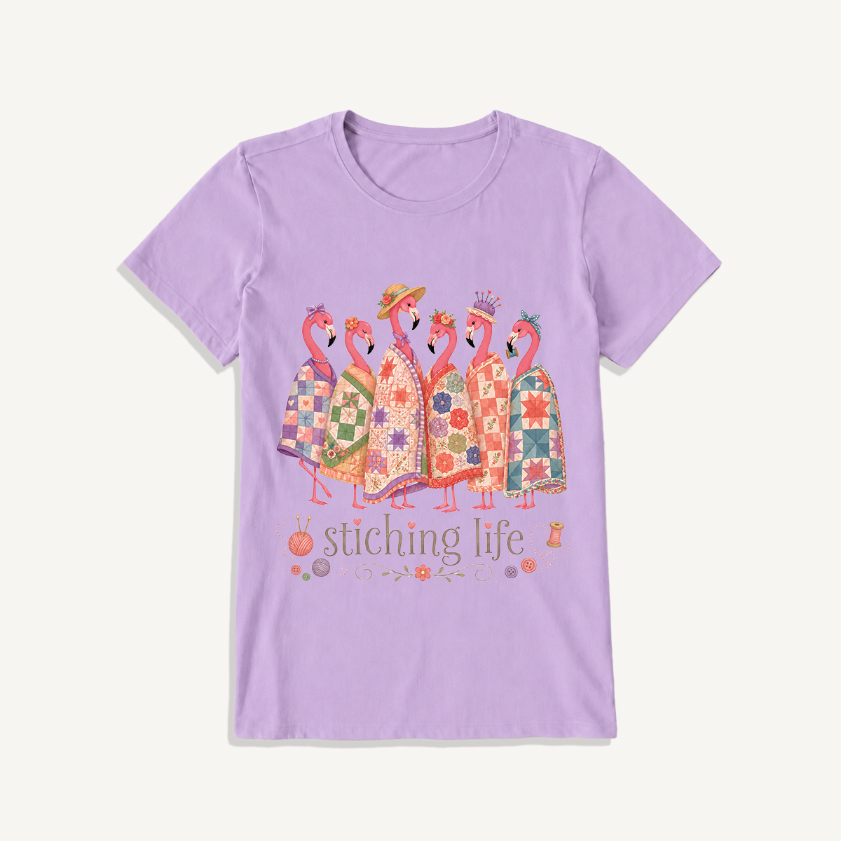 Quilted Flamingo Craft Club Print Crew Neck Cotton Tee