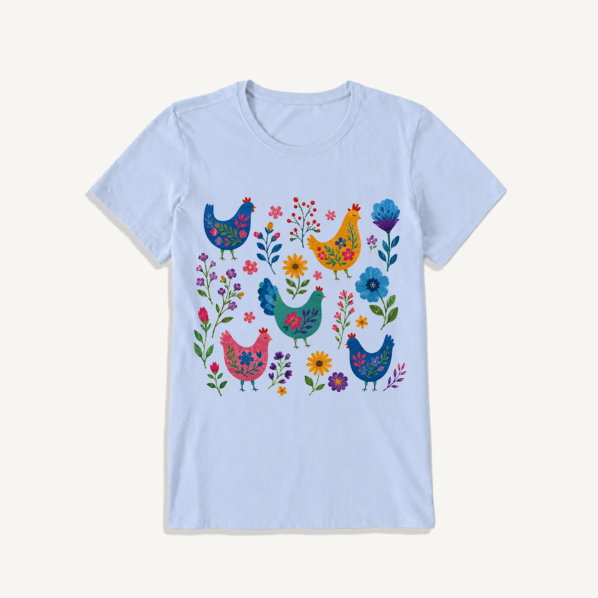 Colorful Folk Hens Print Crew Neck Cotton Tee