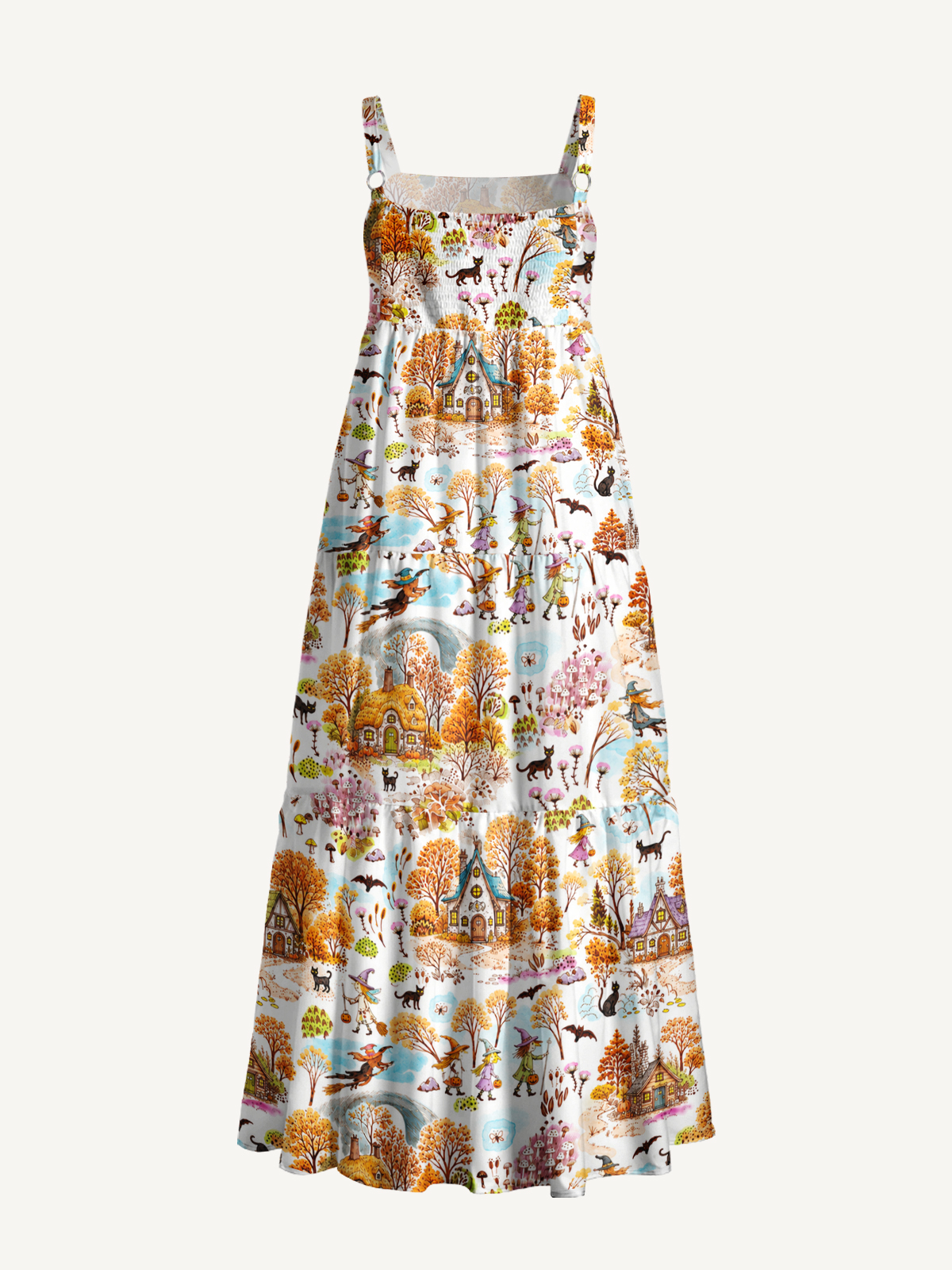 Autumn Halloween Village Print Wide Straps Maxi Dress With Pockets