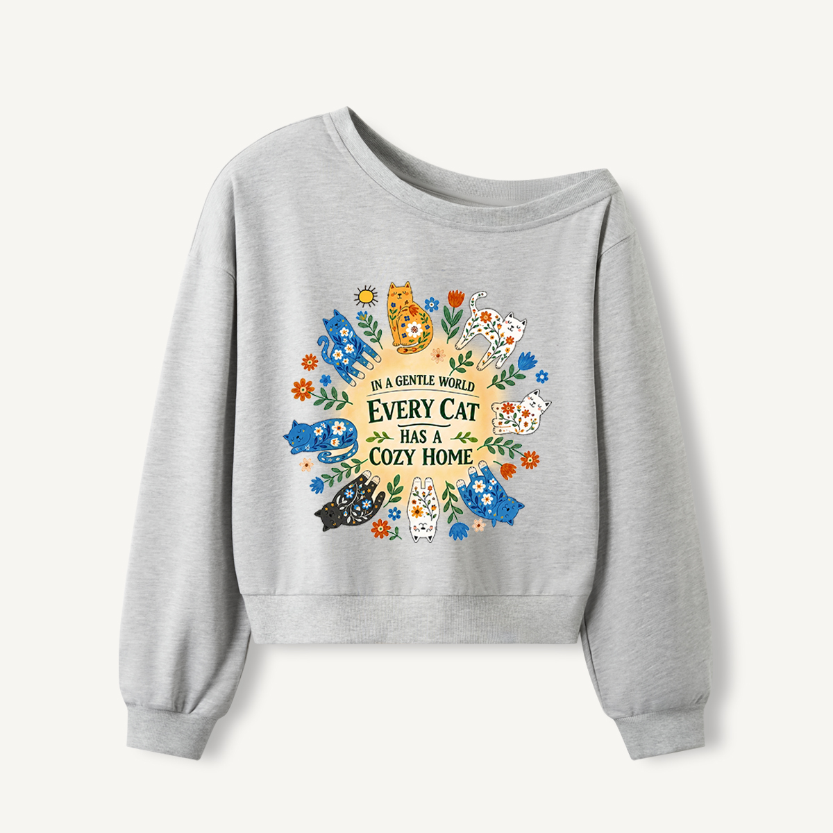 Floral Cats Cozy Home Print Off Shoulder Sweatshirts 