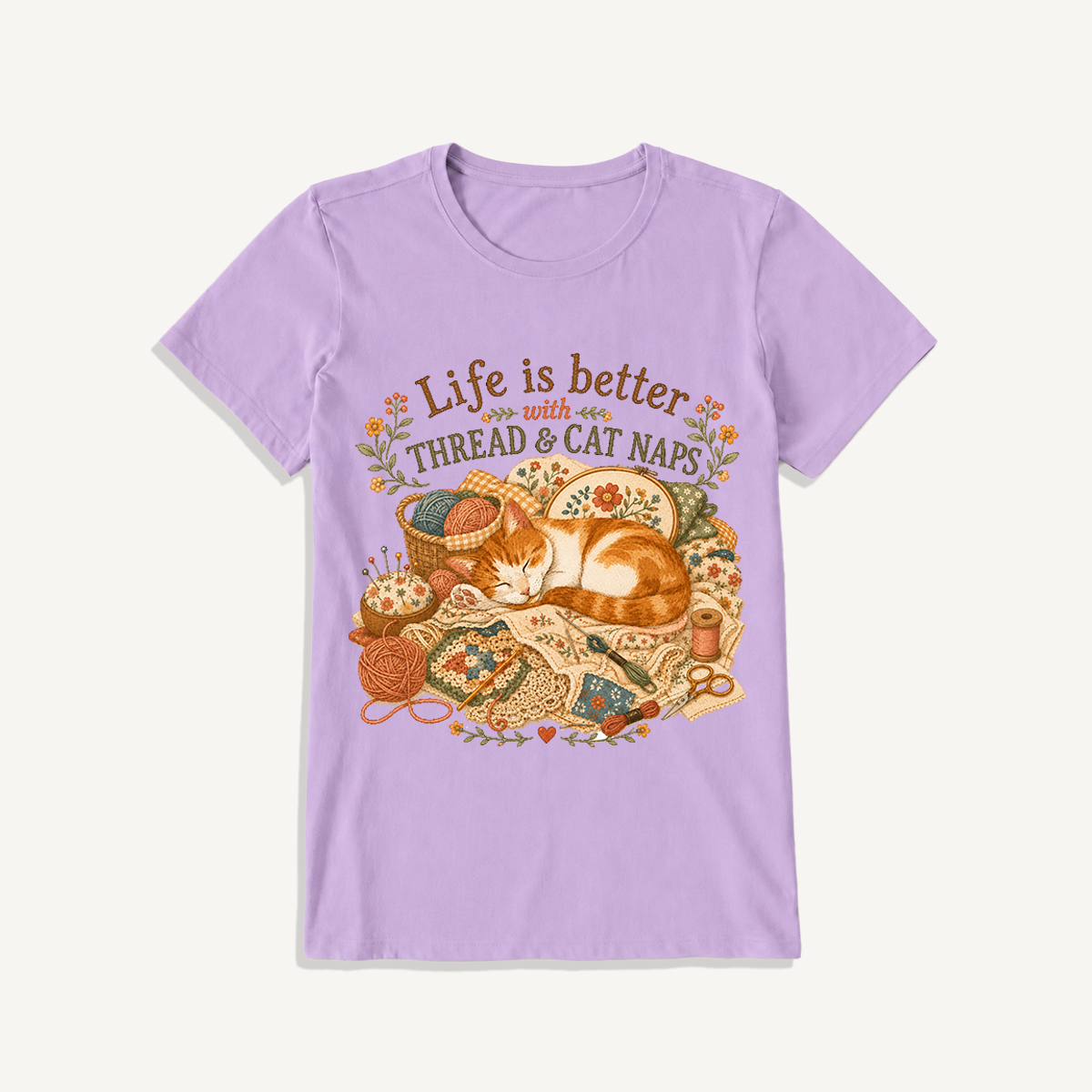 Thread and Cat Naps Print Crew Neck Cotton Tee