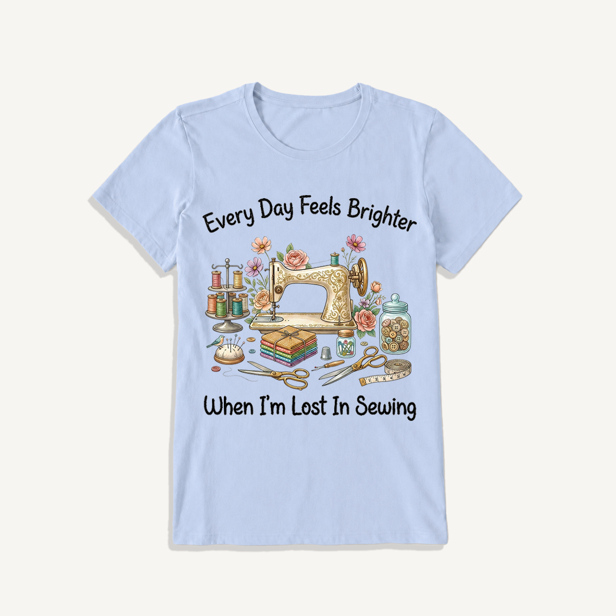 Lost in Sewing Joy Print Crew Neck Cotton Tee