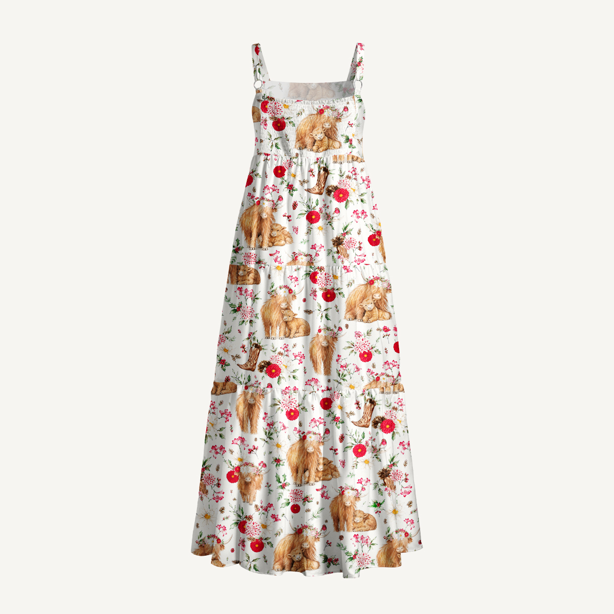Strawberry Meadow Highland Cow Print Wide Straps Maxi Dress With Pockets