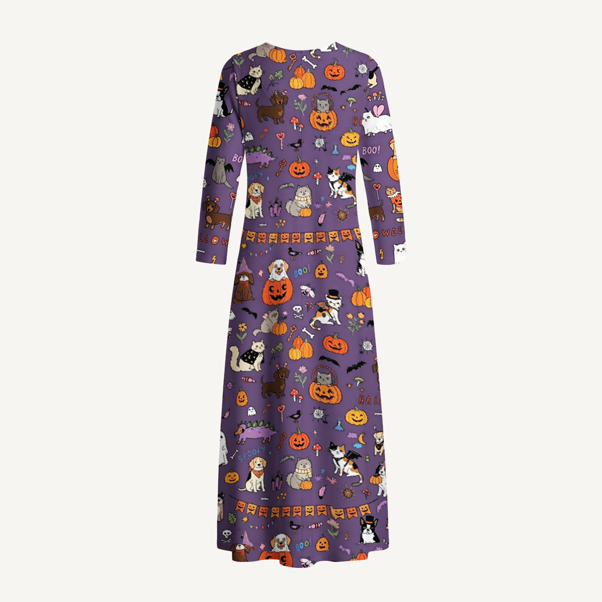 Halloween Spooky Pet Parade Print Soft-Touch Stretch Knit Long Sleeve Maxi Dress with Pockets