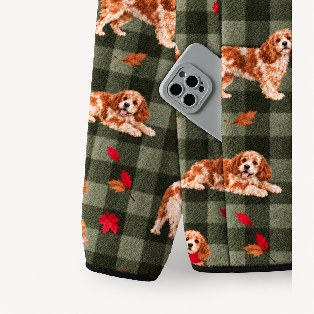 Green Plaid Dog Print Fleece Jacket