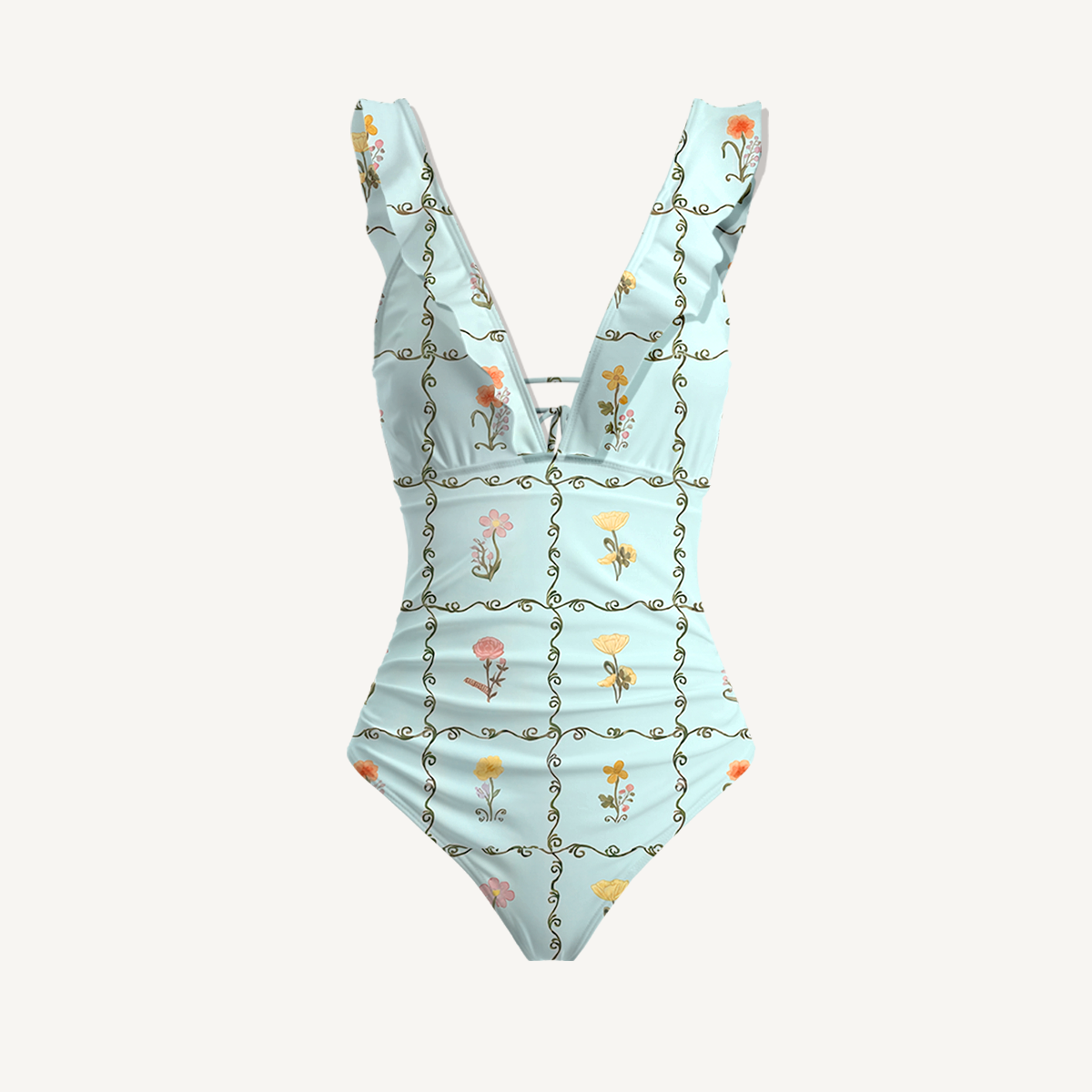 Sunny Garden Tiles Ruffled V Neck One Piece Swimsuit and Matching Midi Skirt Set