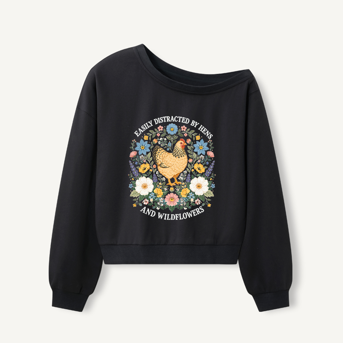 Hen and Wildflowers Cottage Print Off Shoulder Sweatshirts 