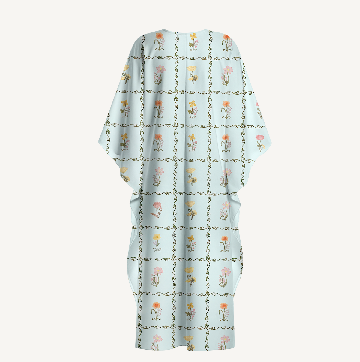  V‑Neck Sunny Garden Tiles Kimono Sleeve Kaftan Dress