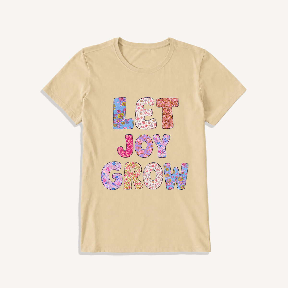 Let Joy Grow Floral Letters Print Crew Neck Cotton Tee