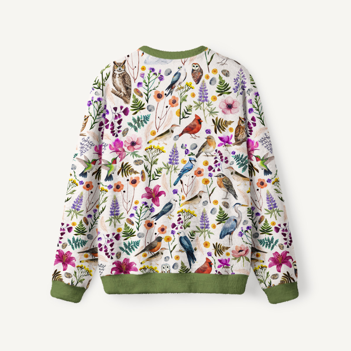 Whimsical Woodland Birds Wildflowers Fuzzy Crewneck Sweater