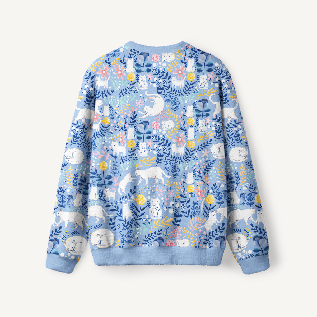 Blue Leaf Cat Fuzzy Crewneck Sweater