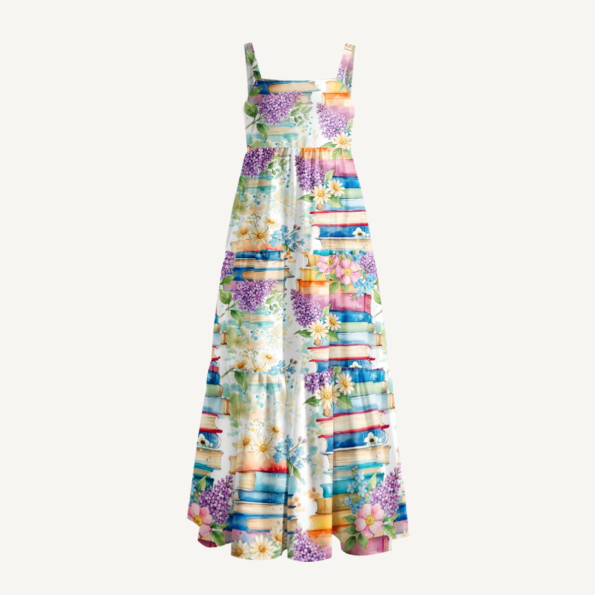 Blooming Bookshelf Print Wide Straps Maxi Dress With Pockets