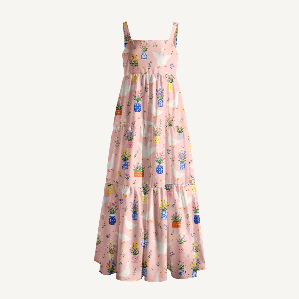 Floral Geese Parade Print Wide Straps Maxi Dress With Pockets