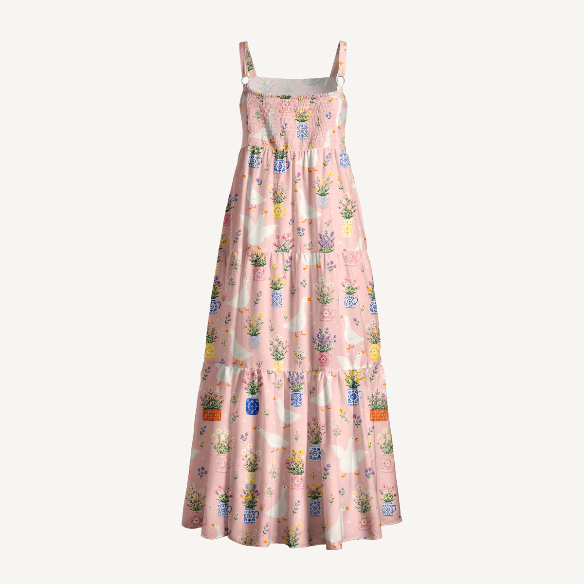 Floral Geese Parade Print Wide Straps Maxi Dress With Pockets