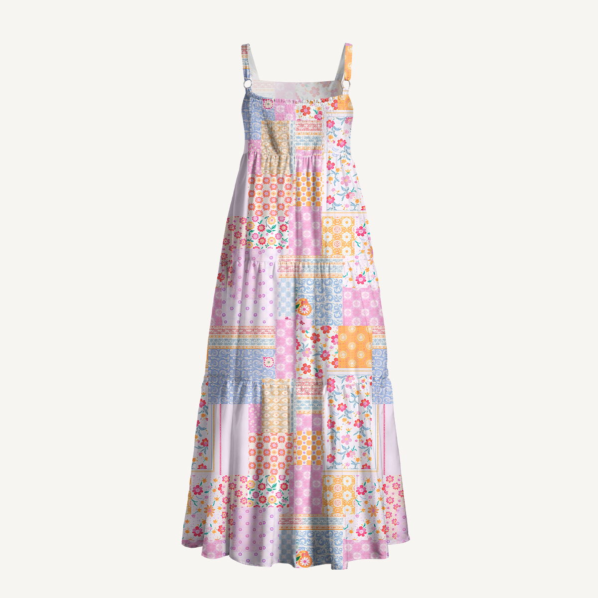 Pastel Patchwork Diary Wide Straps Maxi Dress With Pockets