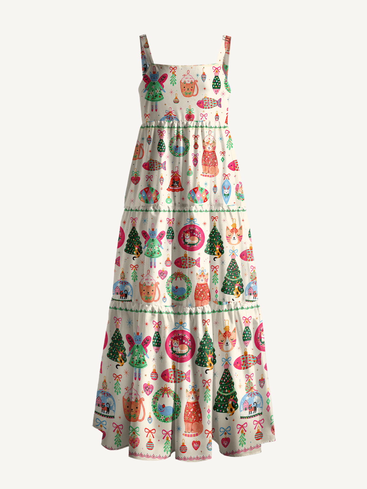 Christmas Cat Ornament Print Wide Straps Maxi Dress With Pockets