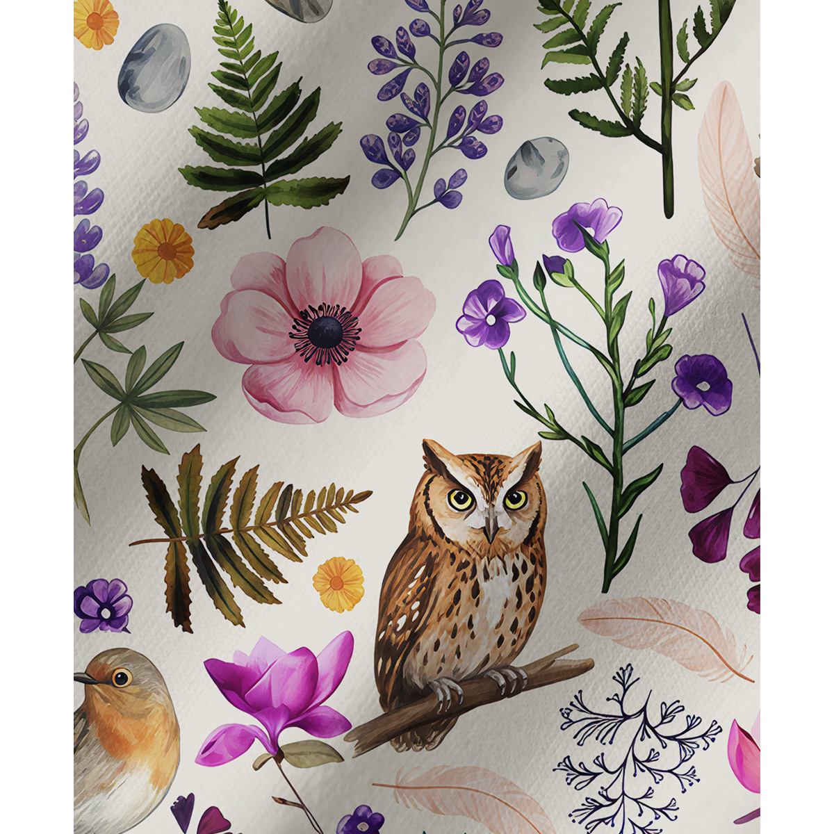Whimsical Woodland Birds Wildflowers Print Long Pajama Set 