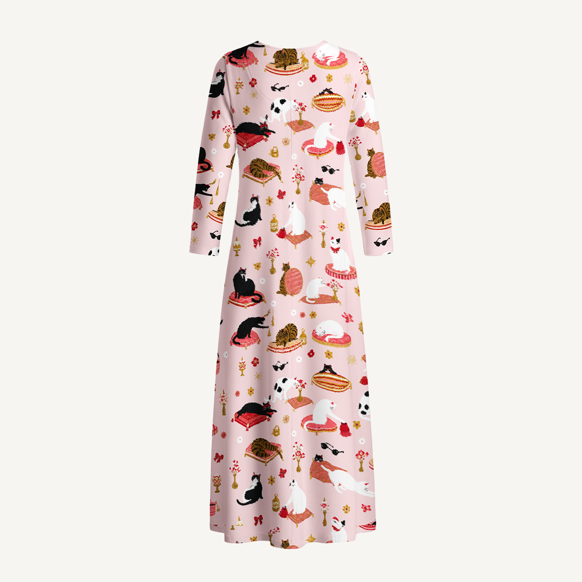 Whimsical Cat Lounge Long Sleeve Maxi Dress with Pockets