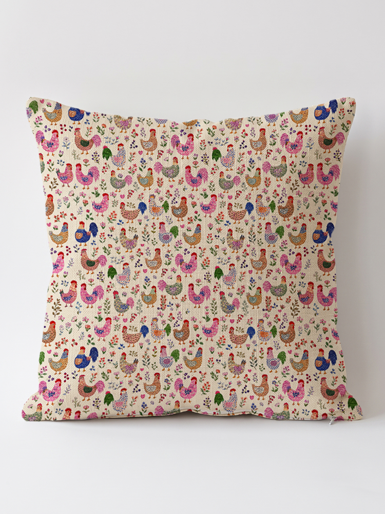 Colorful Farm Chickens Cotton-Linen Pillow