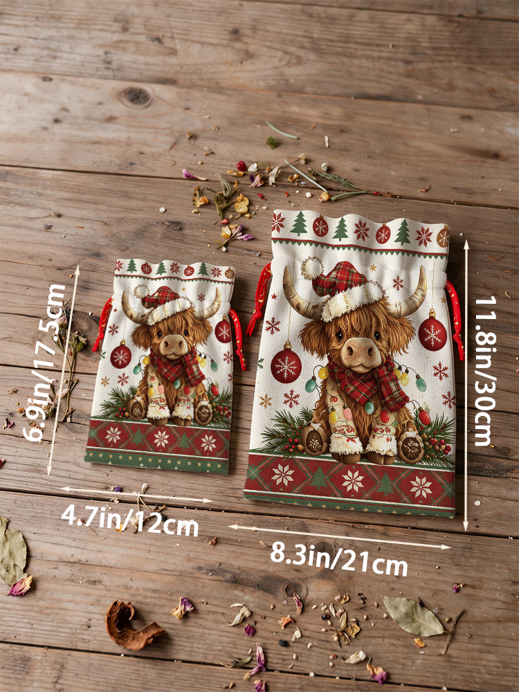 Highland Christmas Cow Reusable Drawstring Gift Bag