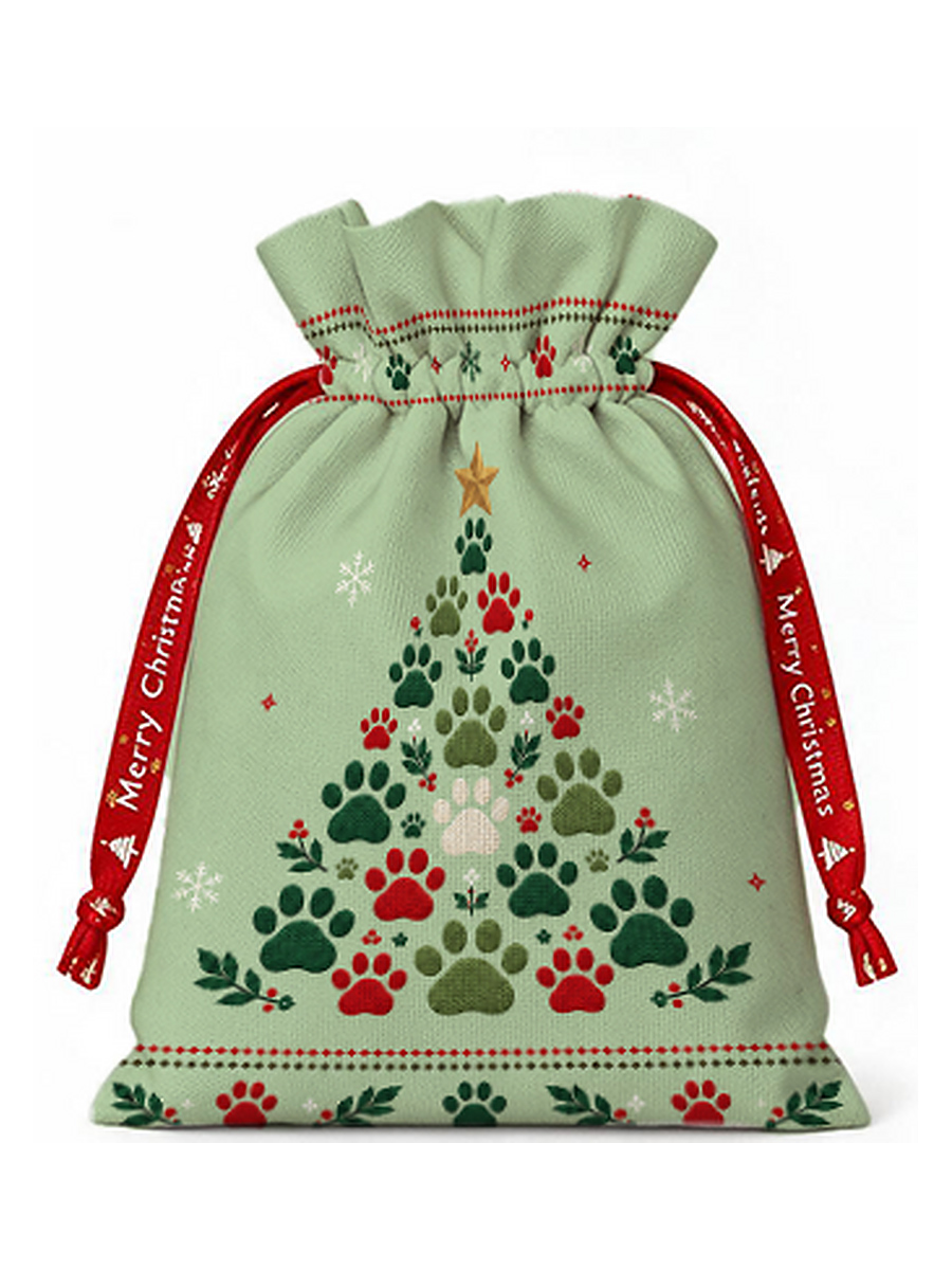Cat Paw Print Christmas Tree Reusable Drawstring Gift Bag
