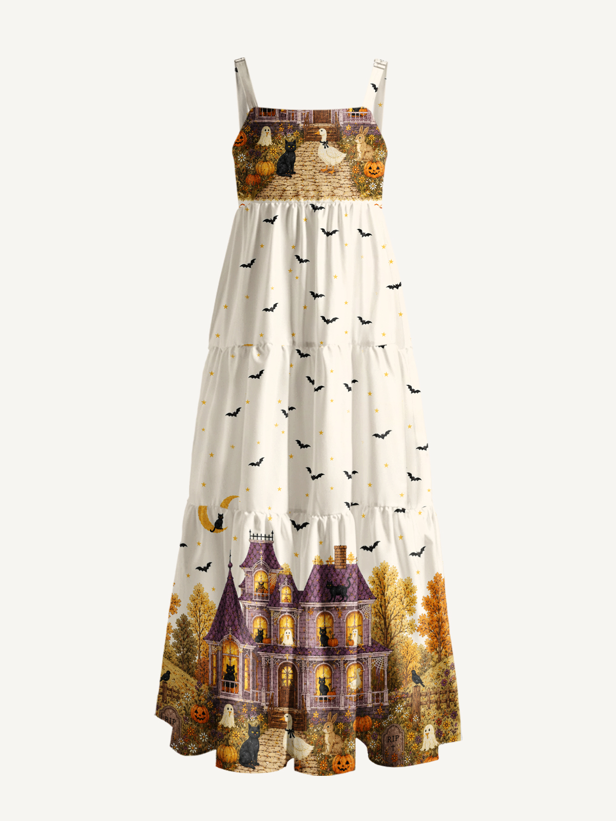 Moonlit Pumpkin Manor Print Wide Straps Maxi Dress With Pockets