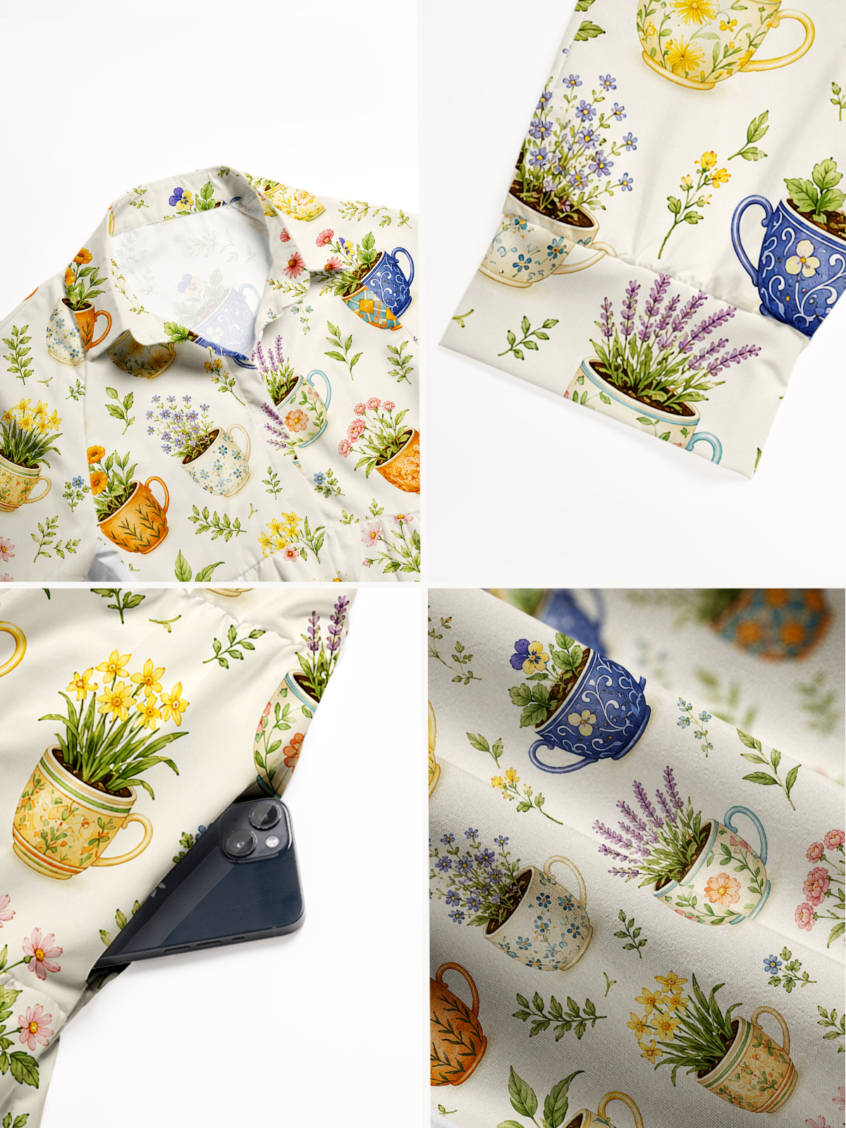 V Neck Collared Whimsical Teacup Garden Print Casual Midi Dress With Pockets
