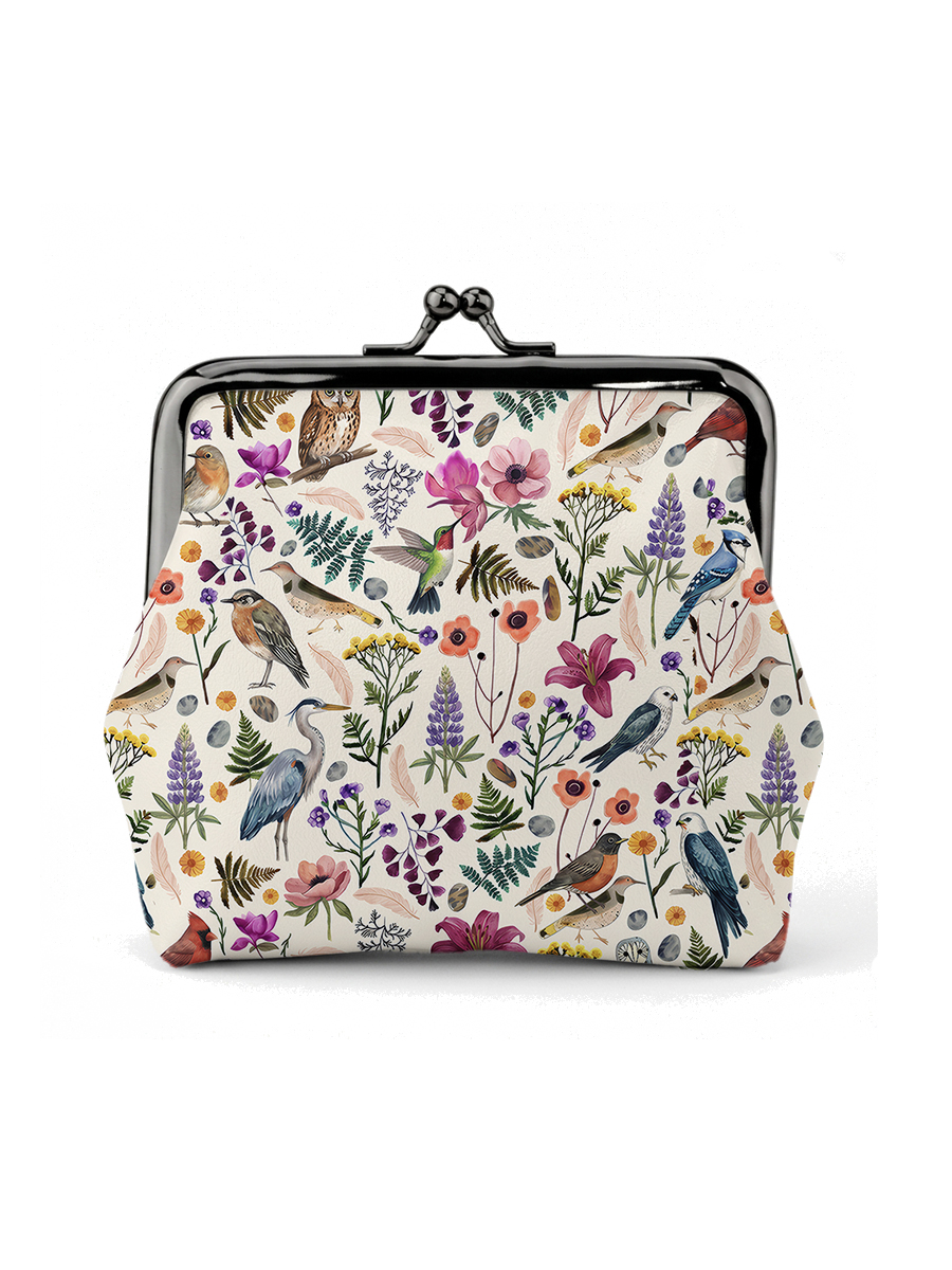 Whimsical Woodland Birds Wildflowers Print Leather Mini Clasp Purse