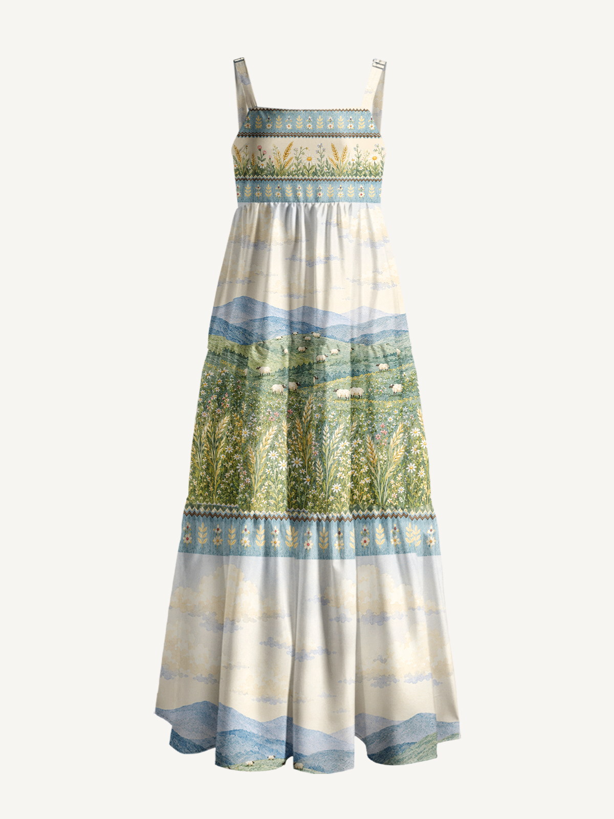 Cream Countryside Cow Border Print Wide Straps Maxi Dress With Pockets