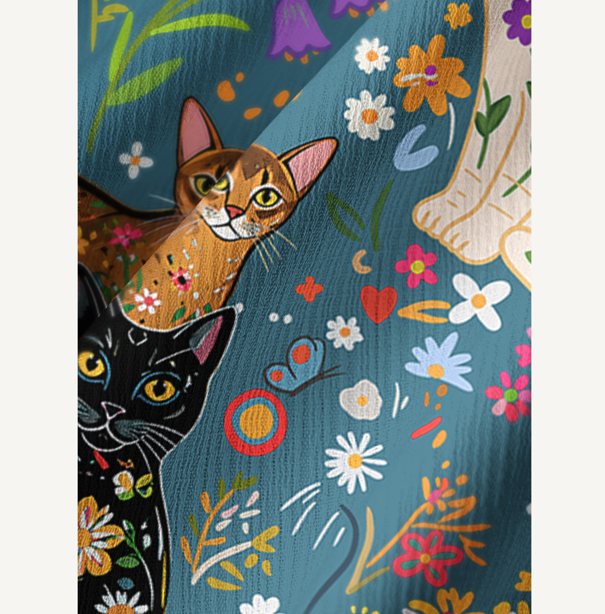 Colorful Garden Cat Pattern Print Wide Leg Tie Waist Pants With Pockets
