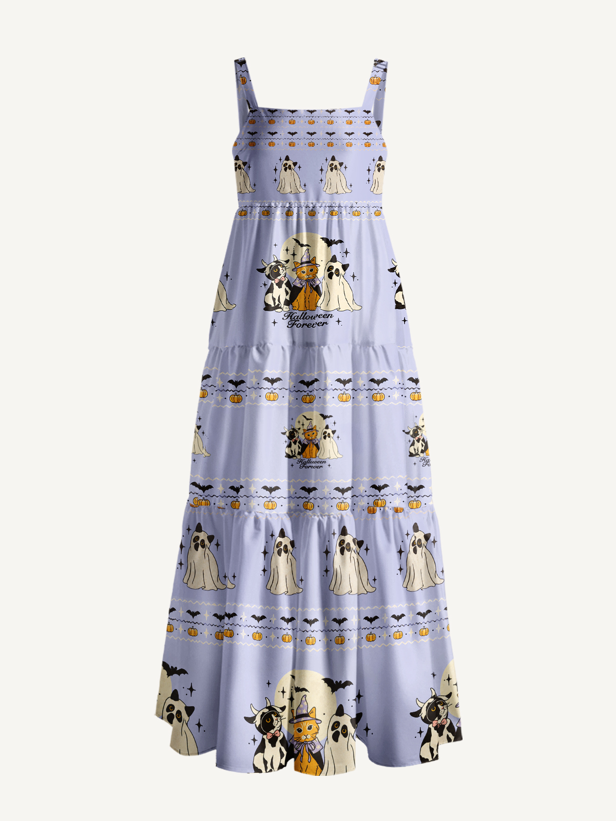 Halloween Cats Forever Print Wide Straps Maxi Dress With Pockets