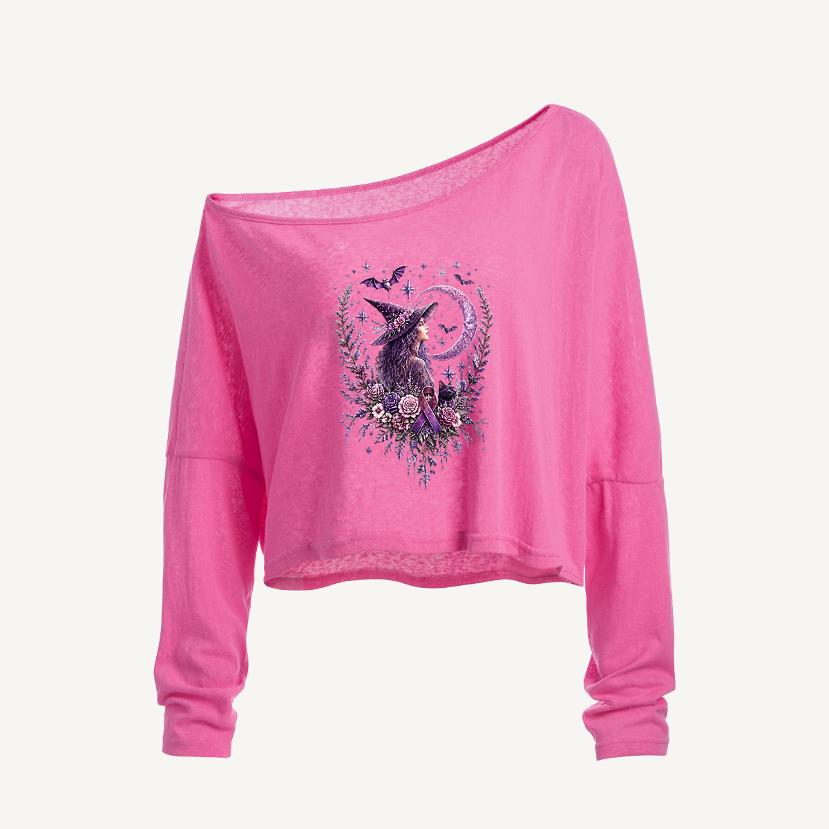 Alzheimer’s Awareness Witch Moon Floral Long Sleeve Off Shoulder T-shirt