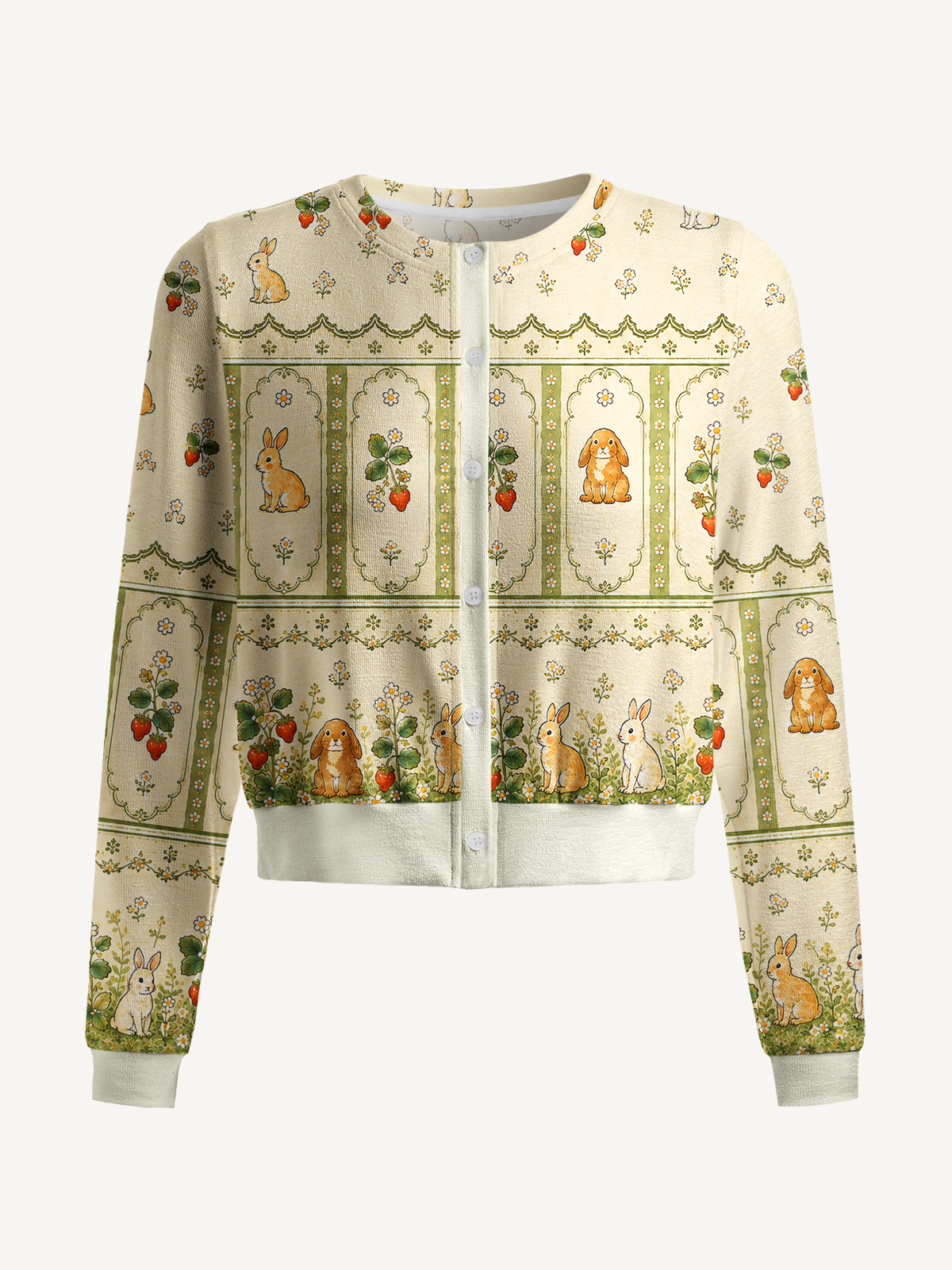 Lightweight Crew Neck Long‑Sleeve Cropped Bunnyberry Garden Print Fine‑Knit Cardigan
