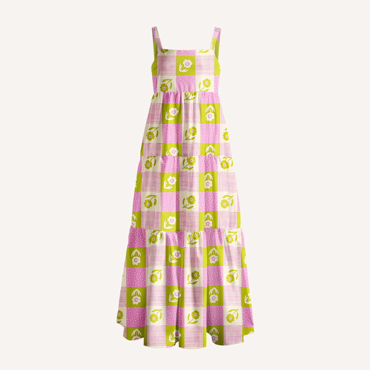 Spring Picnic Patchwor Print Wide Straps Maxi Dress With Pockets