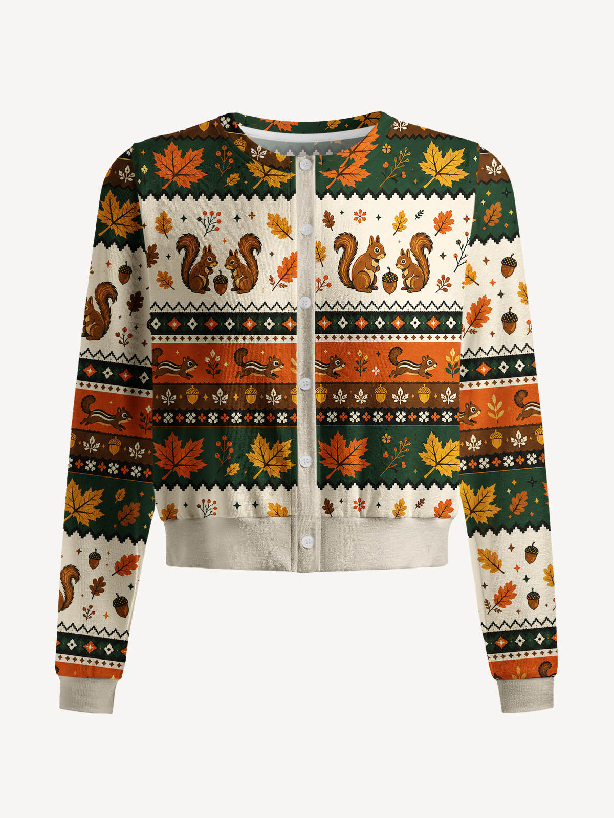 Lightweight Crew Neck Long‑Sleeve Cropped Autumn Acorn Gathering Print Fine‑Knit Cardigan