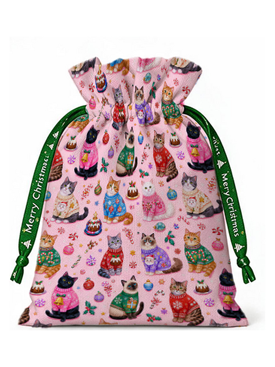 Christmas Sweater Cats Holiday Reusable Christmas Drawstring Gift Bag