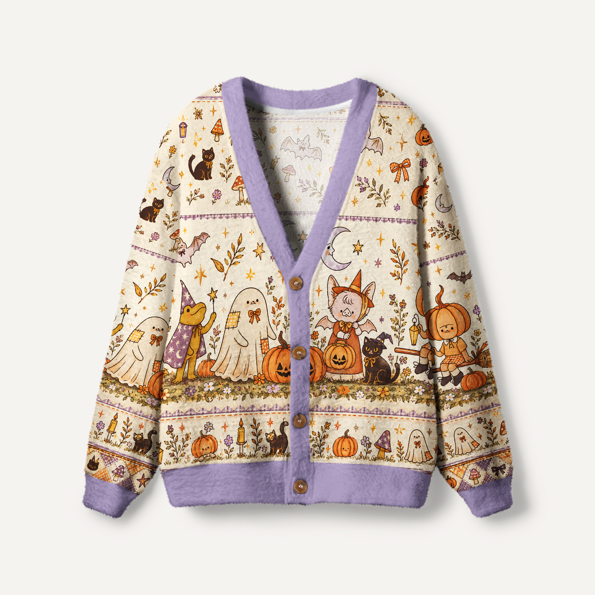 Whimsy Halloween Friends Print Ugly Cardigan Sweaters