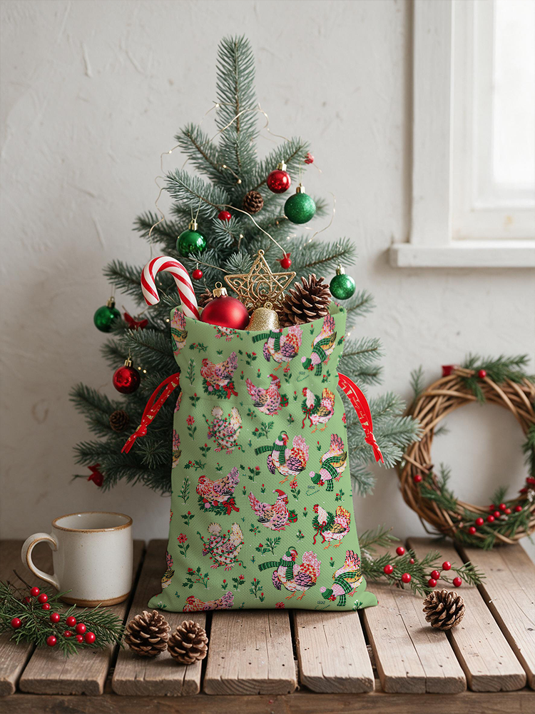 Christmas Chickens Holiday Garden Reusable Drawstring Gift Bag