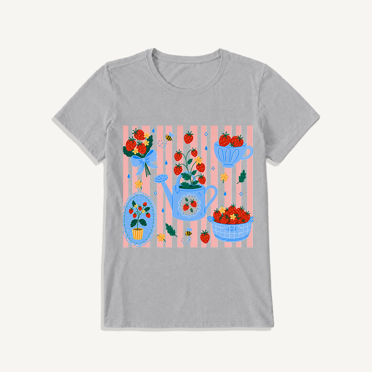 Strawberry Garden Harvest Print Crew Neck Cotton Tee