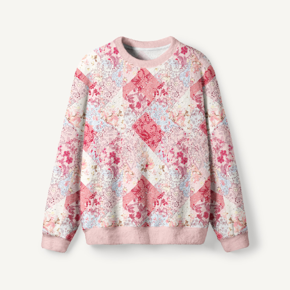 Shabby Chic Floral Patchwork Fuzzy Crewneck Sweater