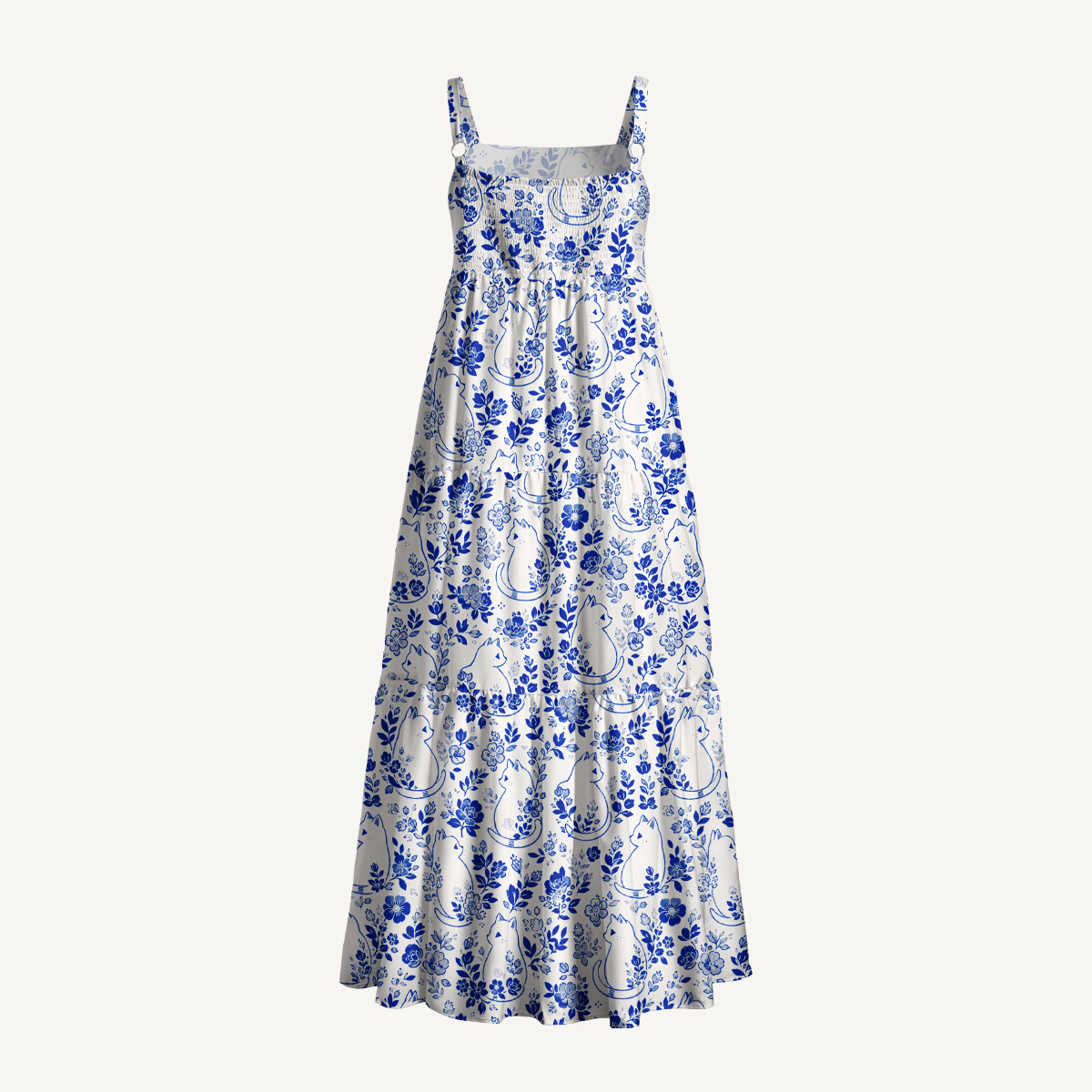 Delft Blue Moonlit Garden Cats Print Wide Straps Maxi Dress With Pockets