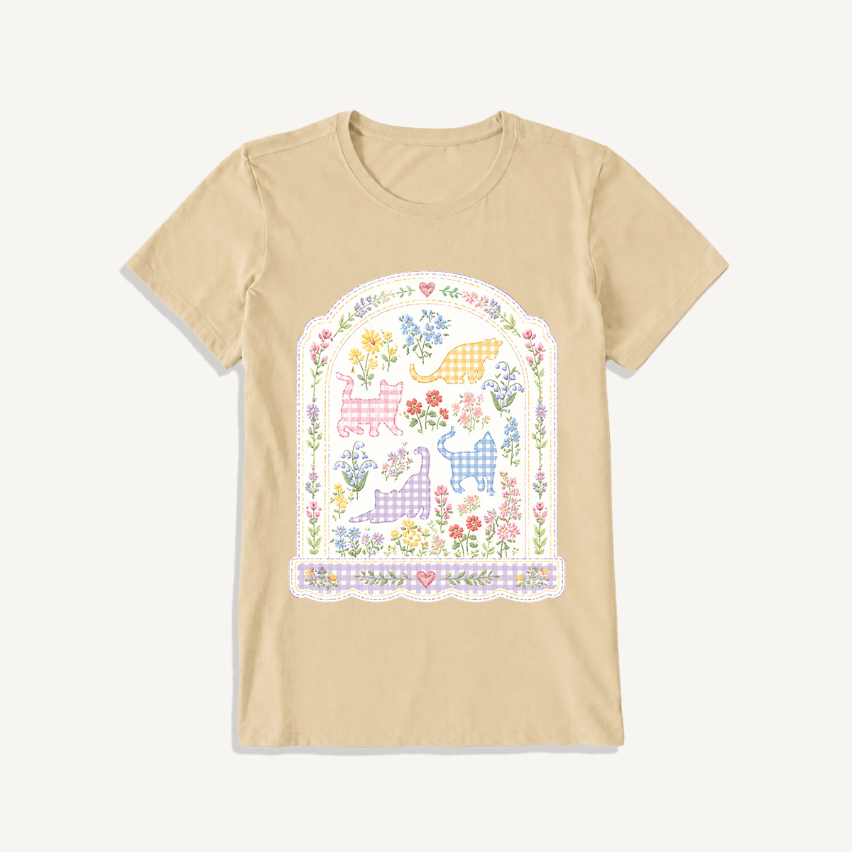 Gingham Cats Arch Frame Print Crew Neck Cotton Tee