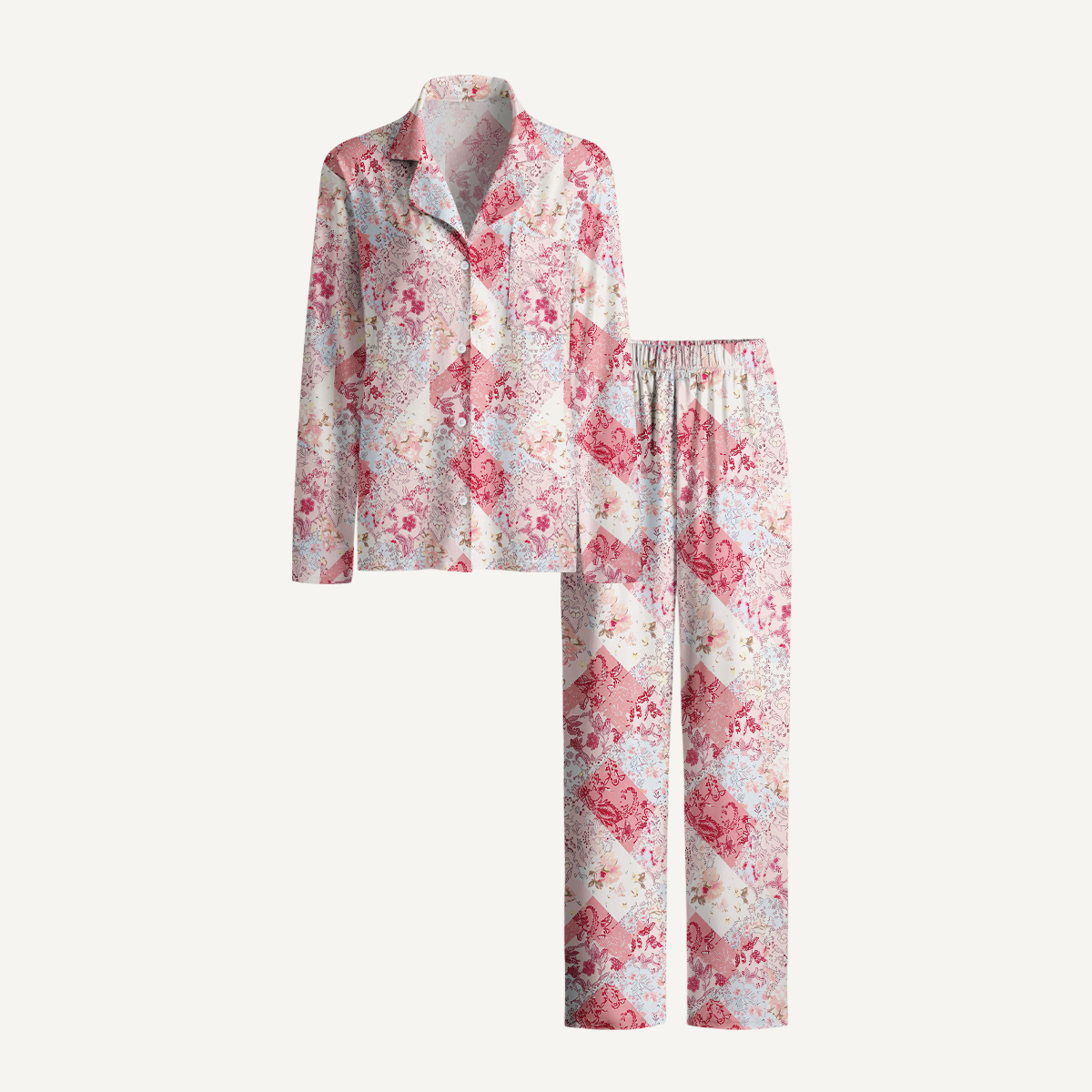 Shabby Chic Floral Patchwork Print Long Pajama Set 