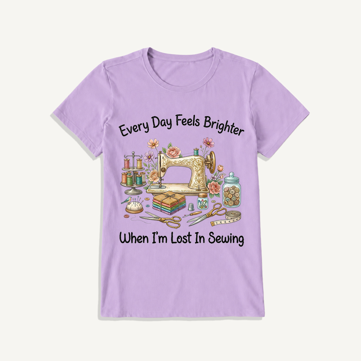 Lost in Sewing Joy Print Crew Neck Cotton Tee