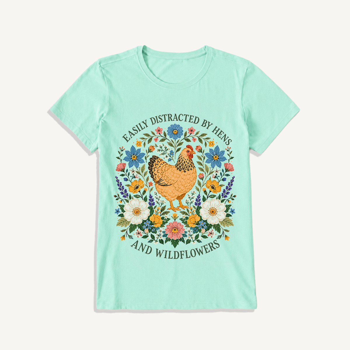 Hen and Wildflowers Cottage Print Crew Neck Cotton Tee