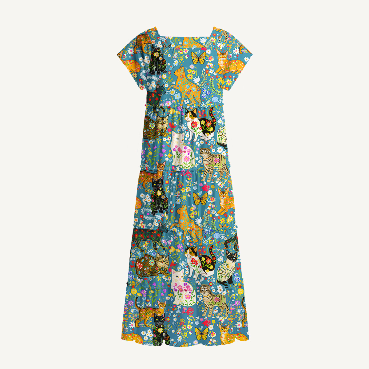 Colorful Garden Cat Pattern  Square Neckline Cap Sleeve Maxi Dress