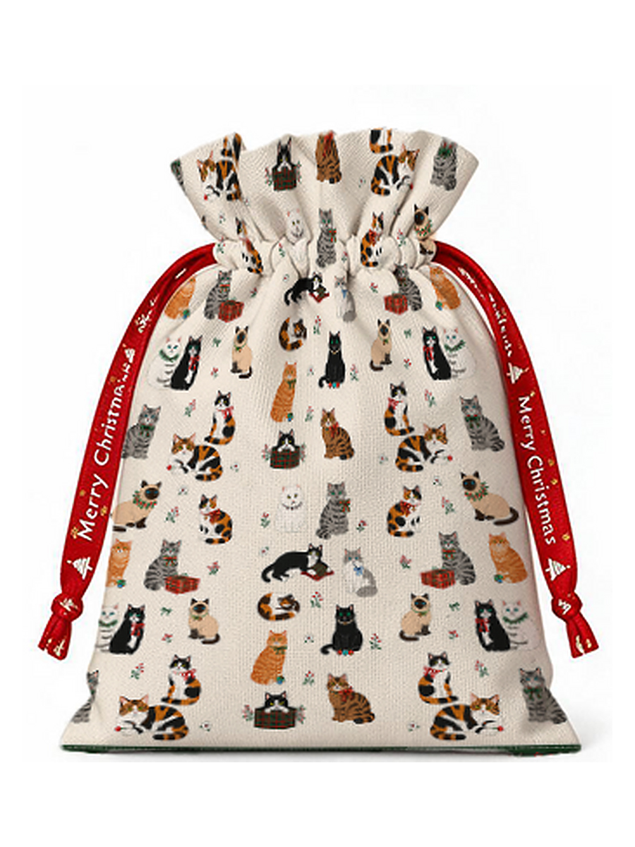 Sweet Festive Kitten Garden Reusable Christmas Drawstring Gift Bag
