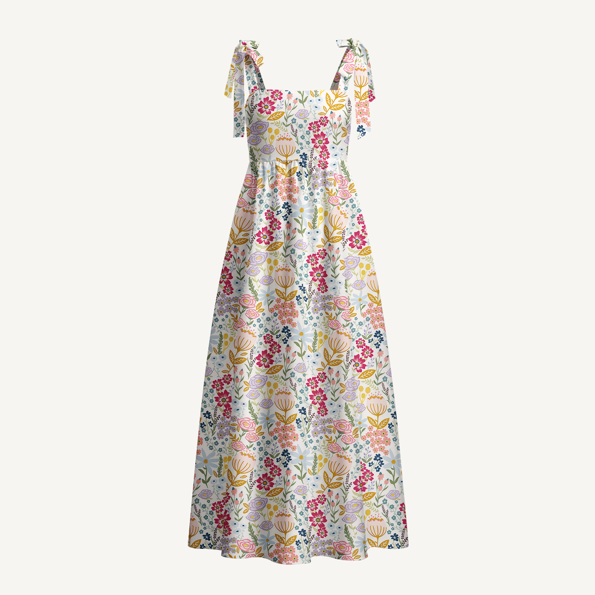 Cottagecore Meadow Flowers Print Bow Strap Maxi Dress